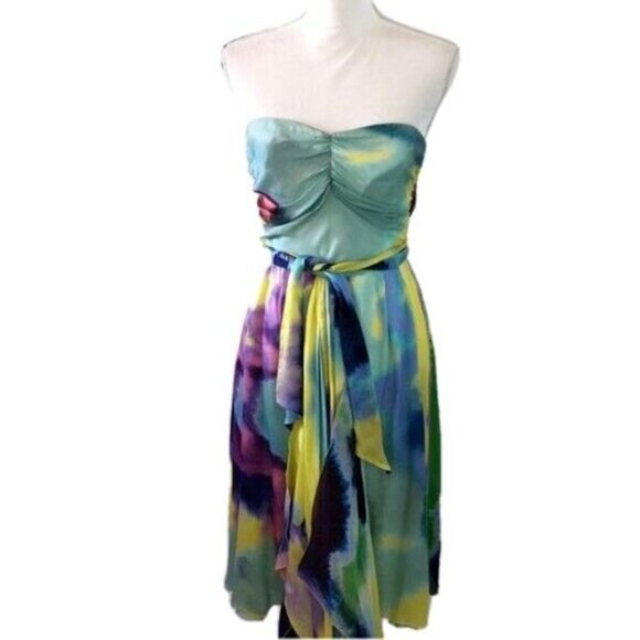 Christian Lacroix Dress Womens Size 6 Tie Dye Effect Silk Strapless Sash Waist - Picture 1 of 14